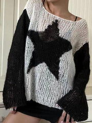 Contrast Color Star Baggy Smock Sweater