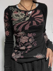 Floral Print Ribbed Slim Long Sleeve Knit