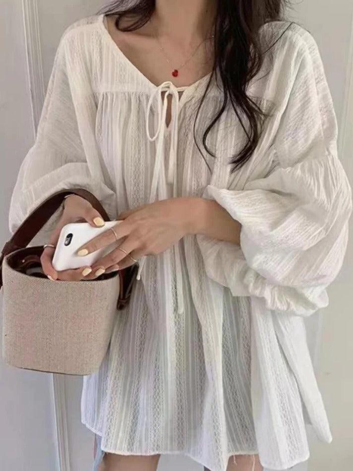 French Bubble Sleeve Lace Up Long Sleeve Blouse