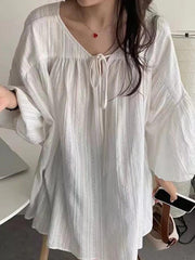 French Bubble Sleeve Lace Up Long Sleeve Blouse