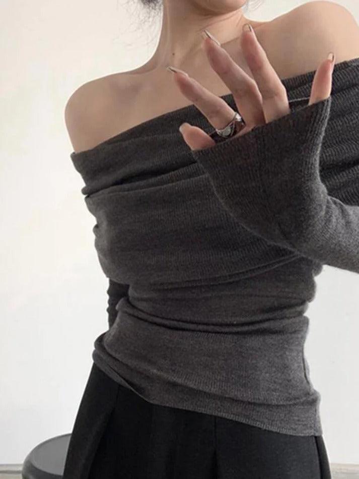 French Off Shoulder Slim Long Sleeve Knit