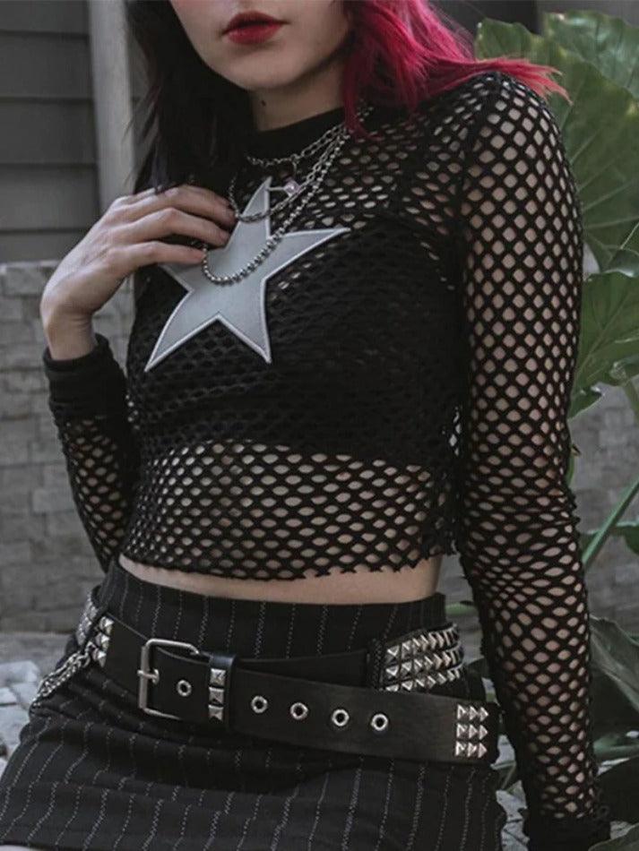 Grid Cutout Star Patch Decor Long Sleeve Tee