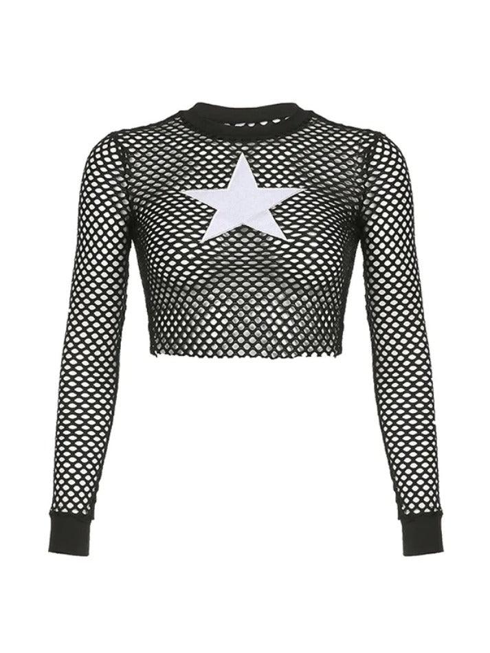 Grid Cutout Star Patch Decor Long Sleeve Tee