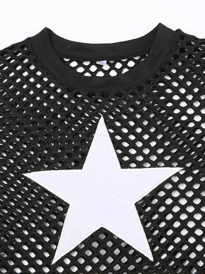 Grid Cutout Star Patch Decor Long Sleeve Tee