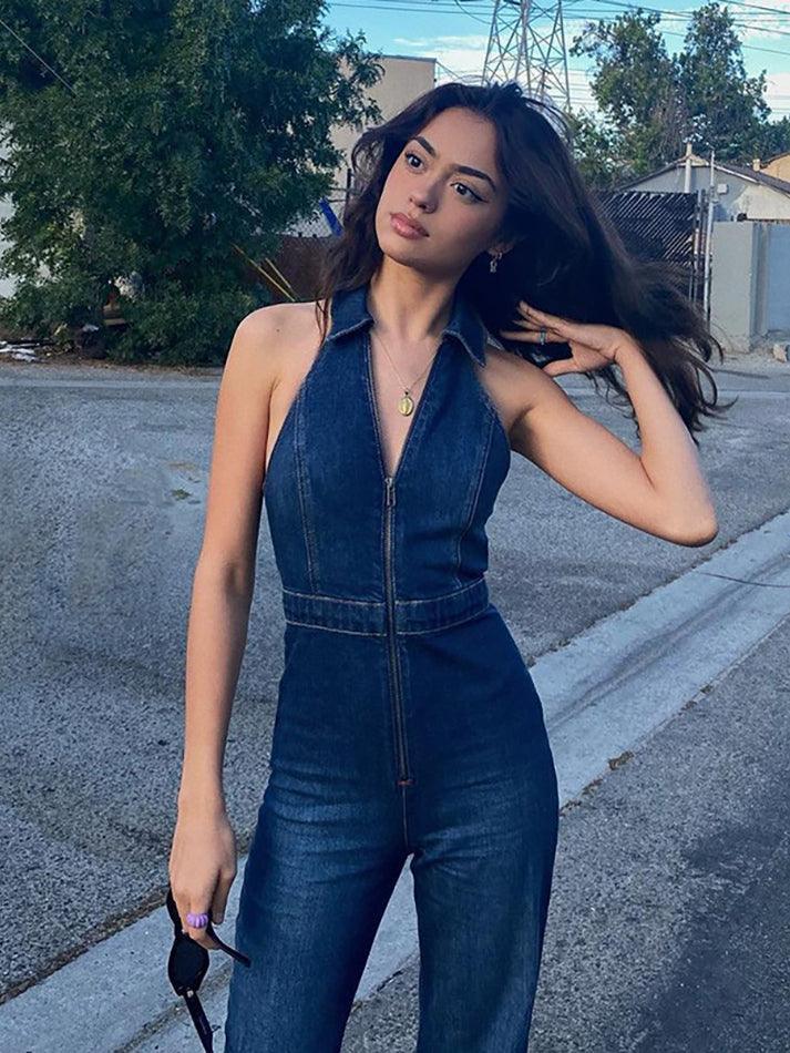 Halter Neck Denim Jumpsuit