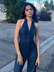 Halter Neck Denim Jumpsuit