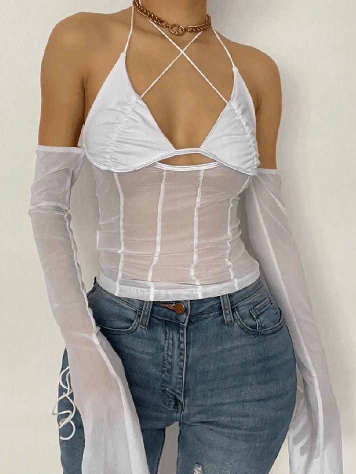 Halter Tie Mesh Patch Top