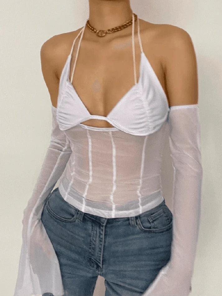 Halter Tie Mesh Patch Top