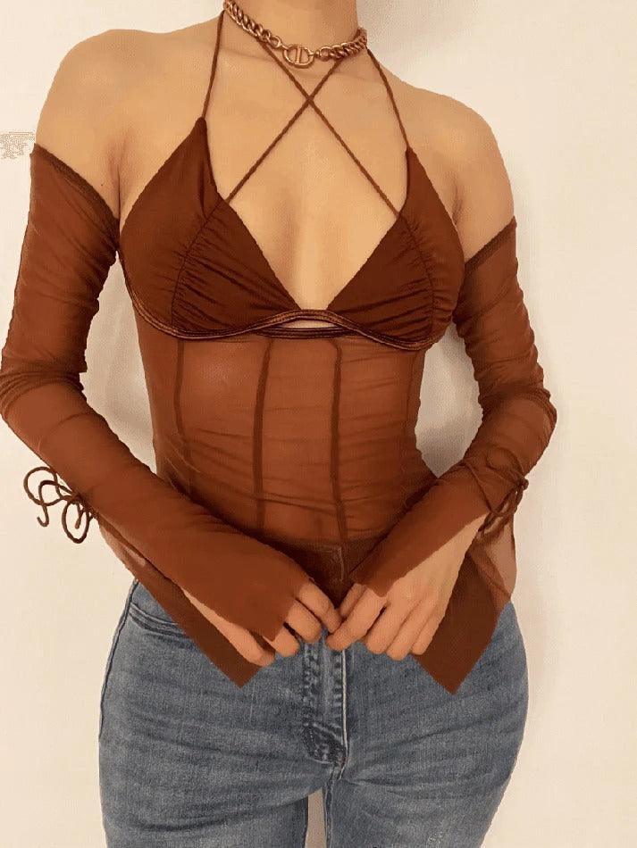 Halter Tie Mesh Patch Top