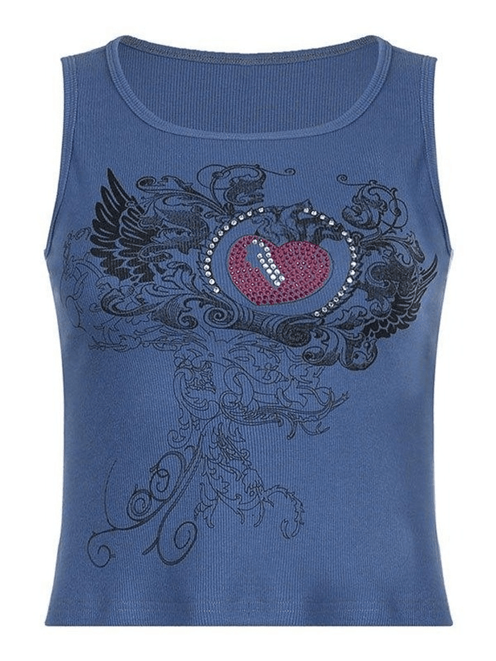 Heart Rhinestone Rib Crop Tank Top