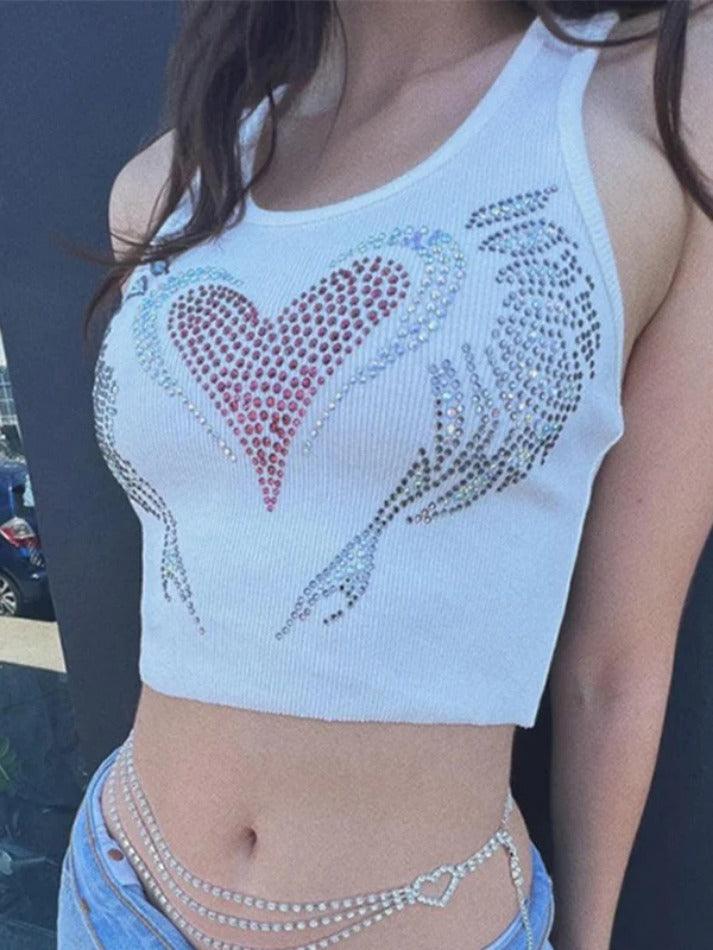 Heart Rhinestone U Neck Crop Tank Top