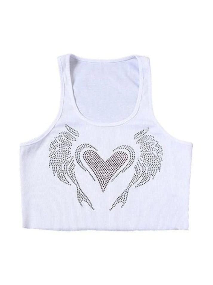 Heart Rhinestone U Neck Crop Tank Top