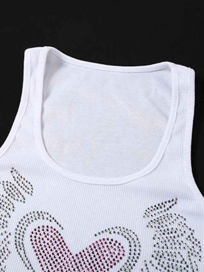 Heart Rhinestone U Neck Crop Tank Top