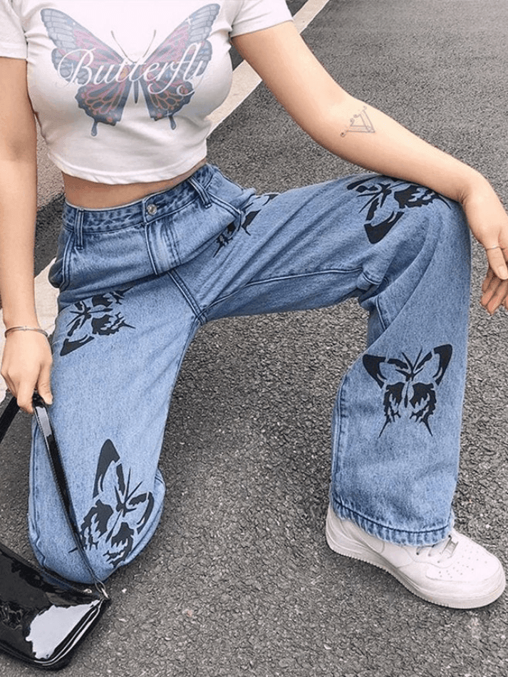 High Waist Butterfly Boyfriend Jeans