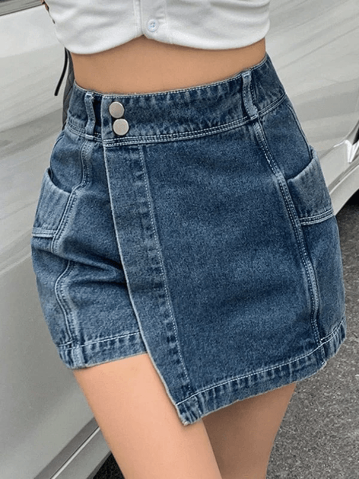 High Waist Irregular Denim Shorts