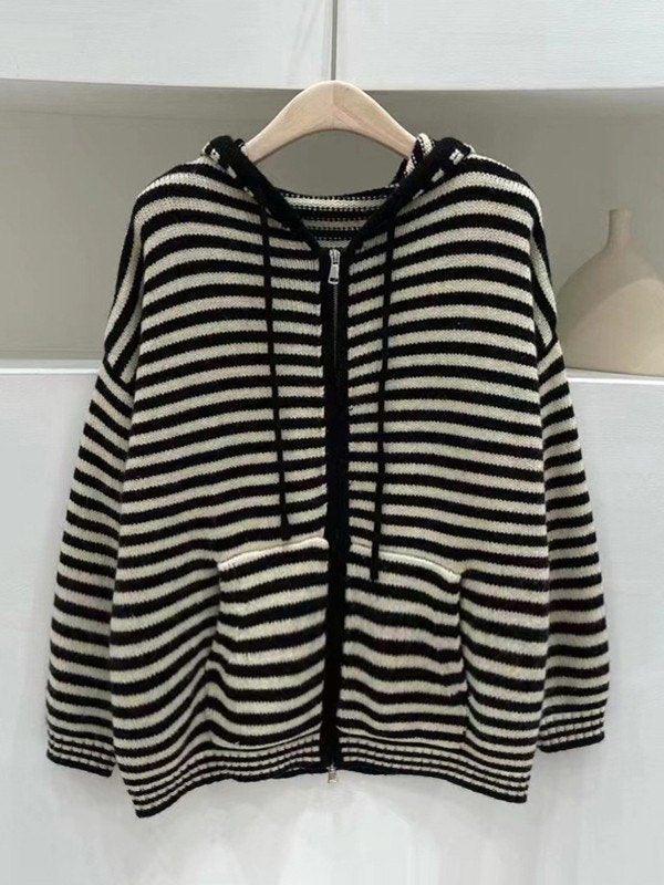 Hooded Striped Long Sleeve Knit Cardigan