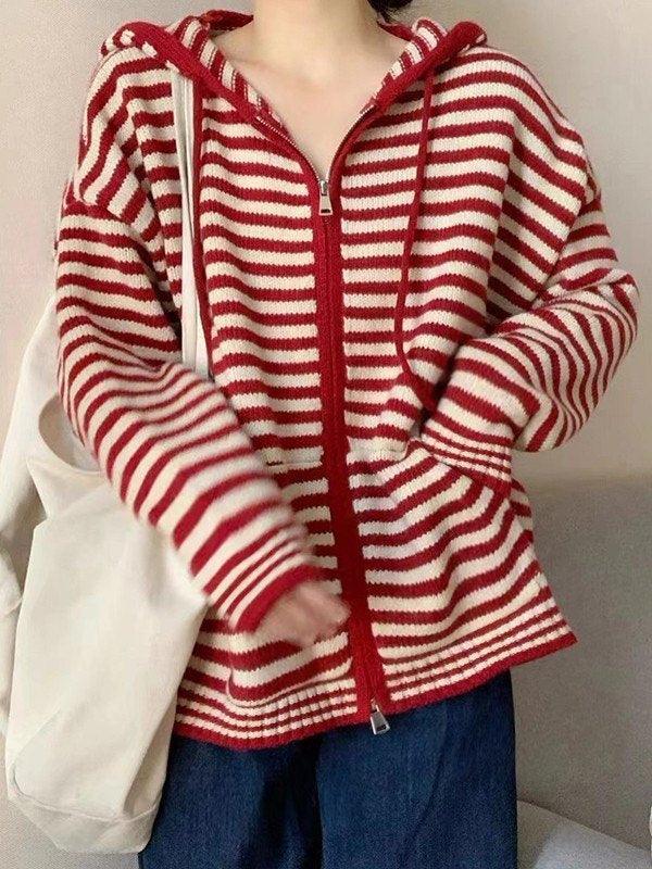 Hooded Striped Long Sleeve Knit Cardigan