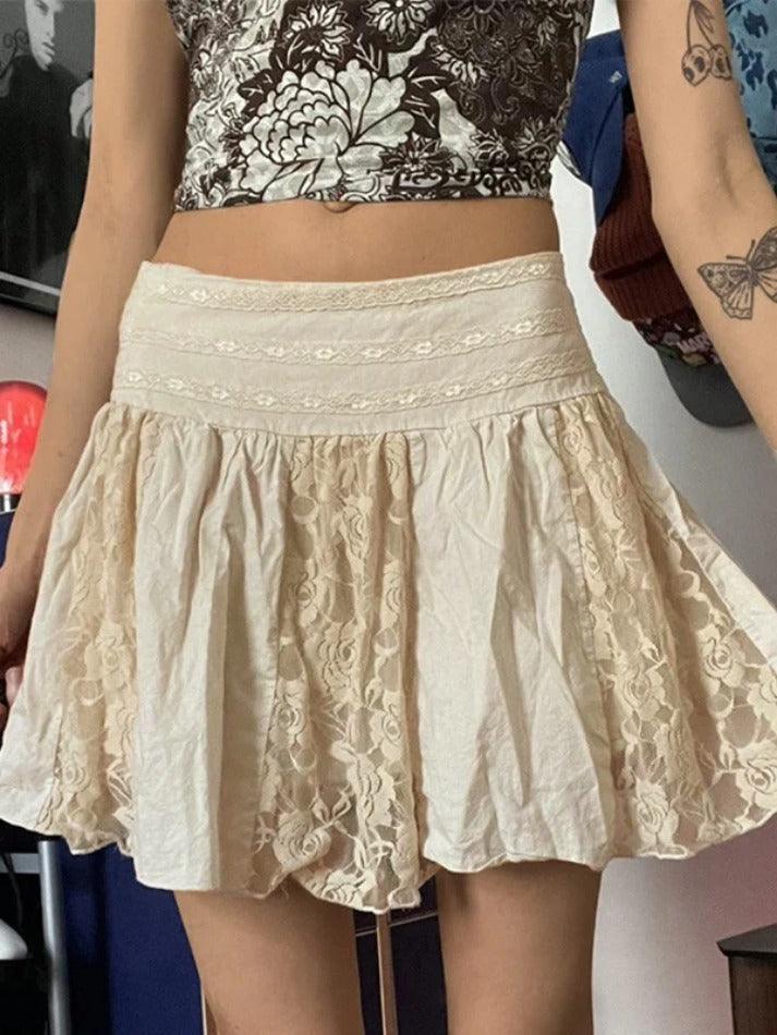 Lace Patchwork Pleated Mini Skirt