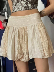 Lace Patchwork Pleated Mini Skirt