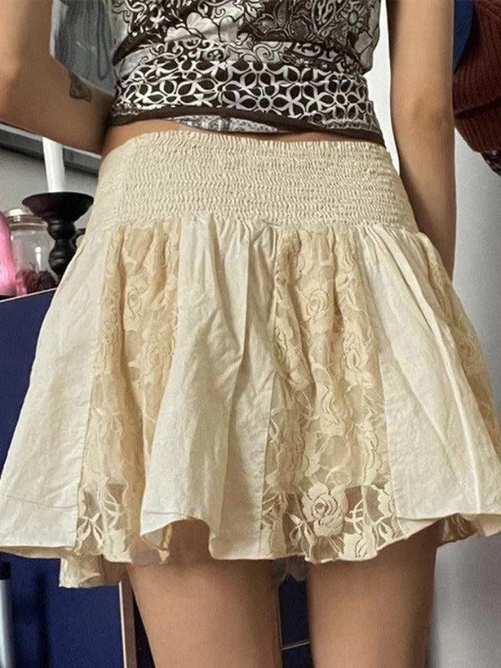 Lace Patchwork Pleated Mini Skirt