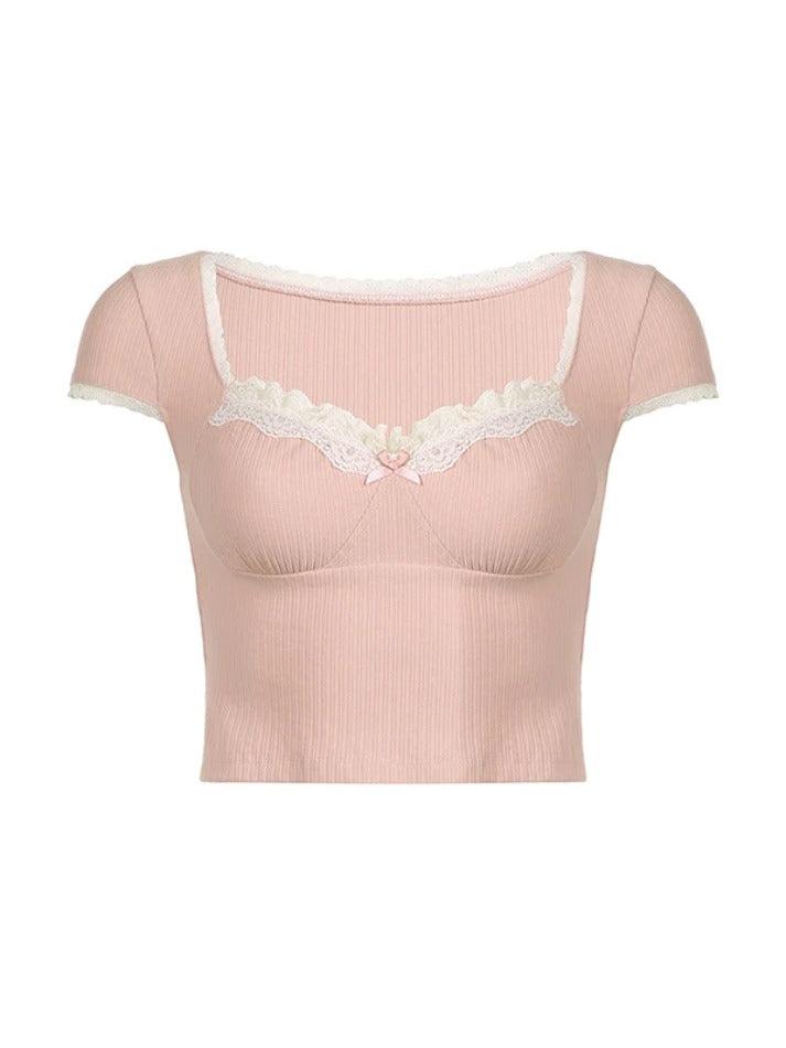 Lace Patchwork Ribbed Square Neck Short Sleeve Tee