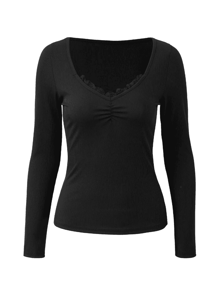 Lace Trim Black Long Sleeve Knit Top