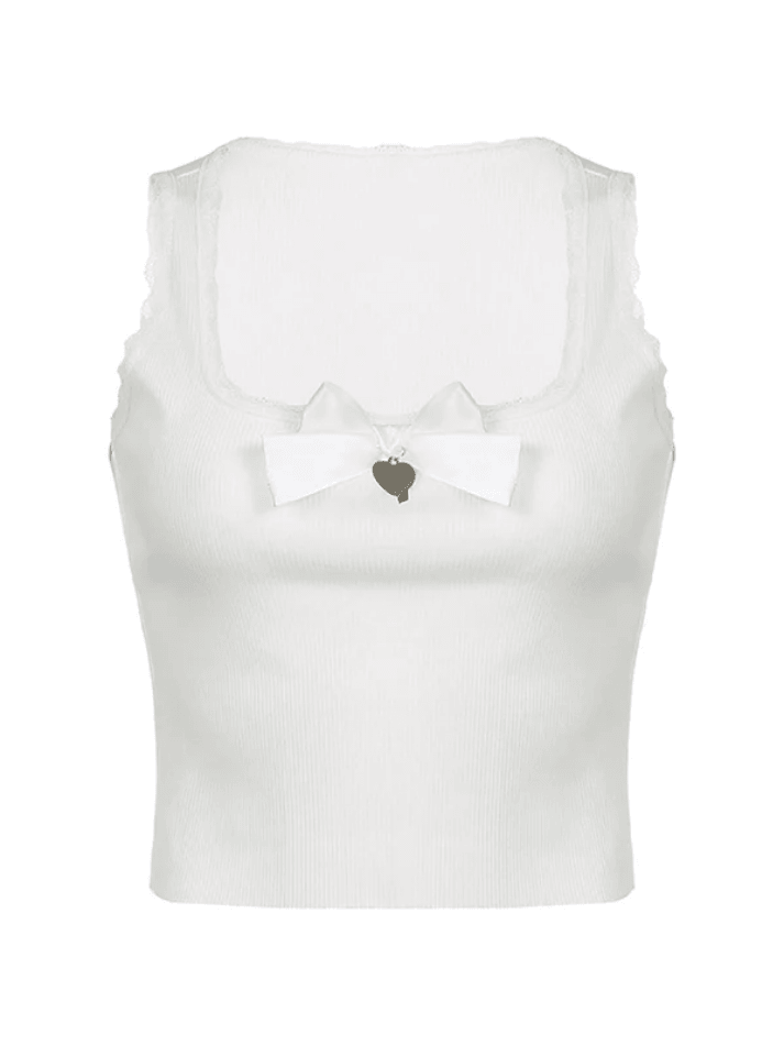 Lace Trim Bow White Tank Top