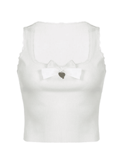 Lace Trim Bow White Tank Top