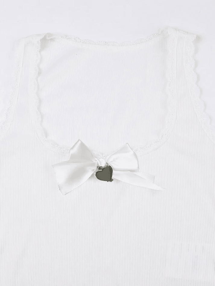 Lace Trim Bow White Tank Top