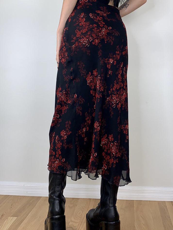 Mesh Paneled Floral Midi Skirt