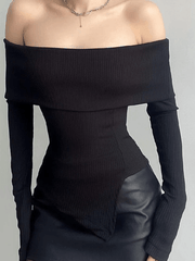 Off Shoulder Black Ribbed Long Sleeve Knit Top