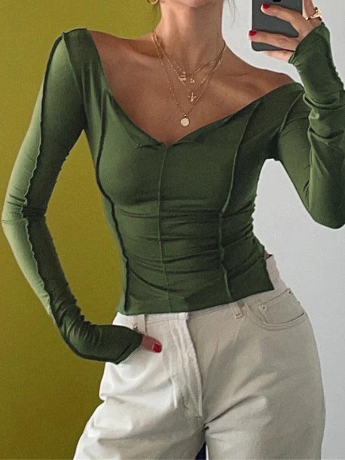 Off Shoulder Slit V Neck Slim Long Sleeve Tee