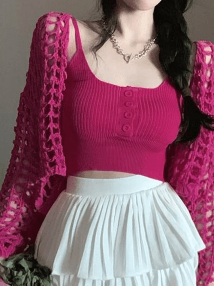 Open Front Hollow Out Crochet Knit Crop Top