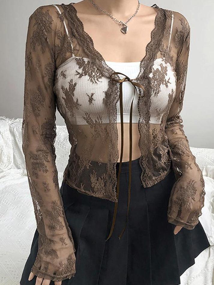 Open Front Lace Long Sleeve Crop Blouse