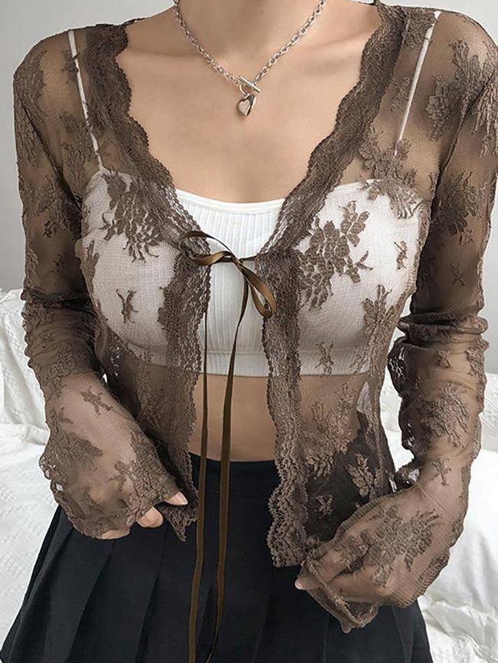 Open Front Lace Long Sleeve Crop Blouse