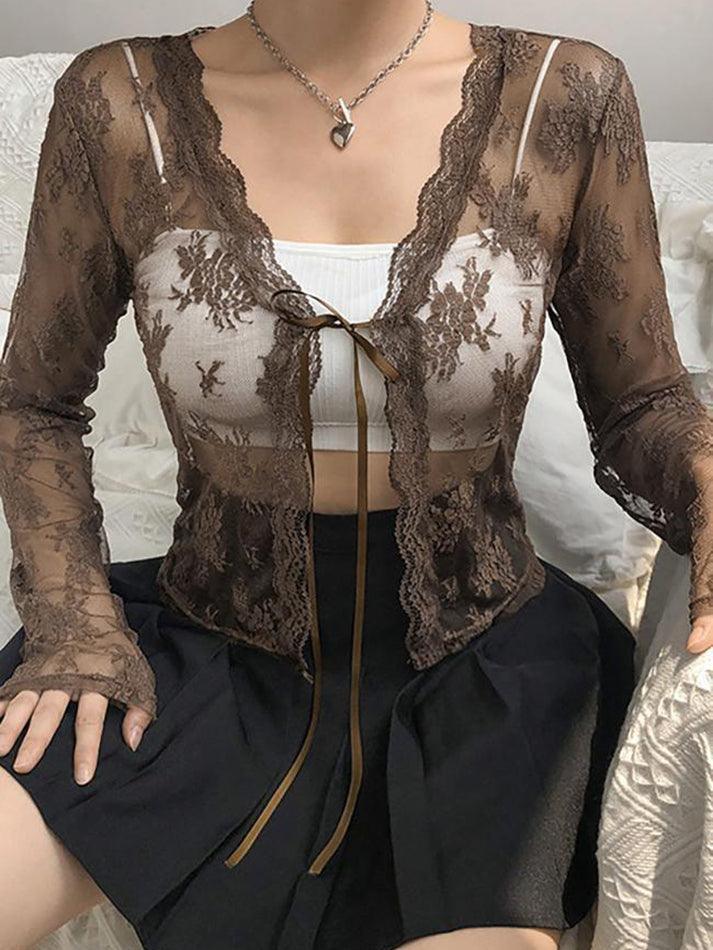 Open Front Lace Long Sleeve Crop Blouse