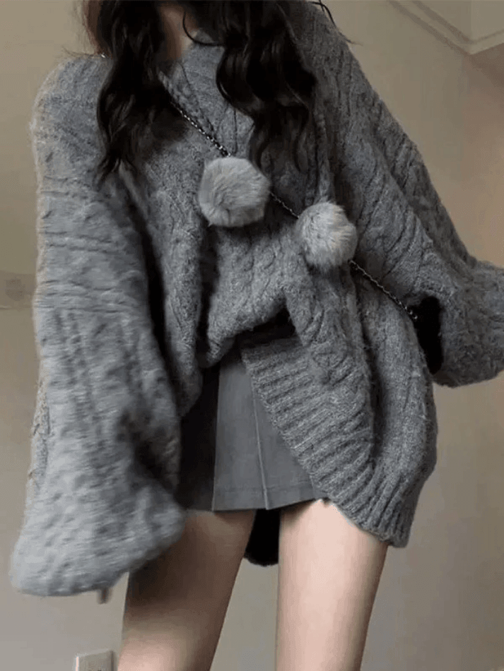 Oversize V Neck Gray Cable Knit Sweater