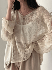 Oversized Long Sleeve Crochet Knit Top