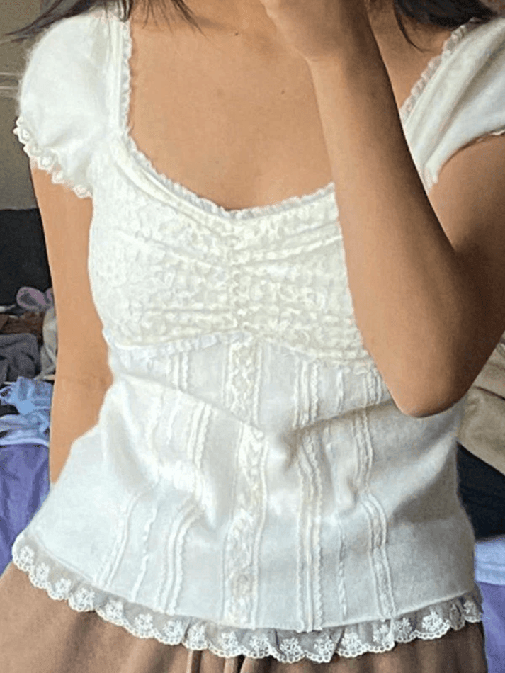 Paneled Lace White Puff Sleeve Blouse