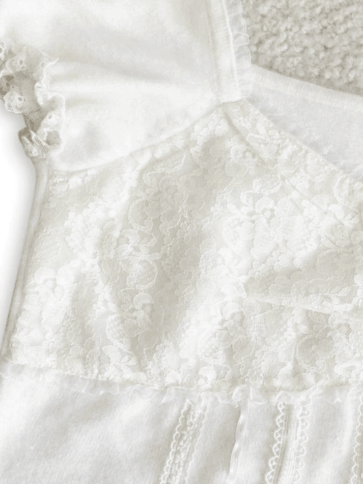 Paneled Lace White Puff Sleeve Blouse