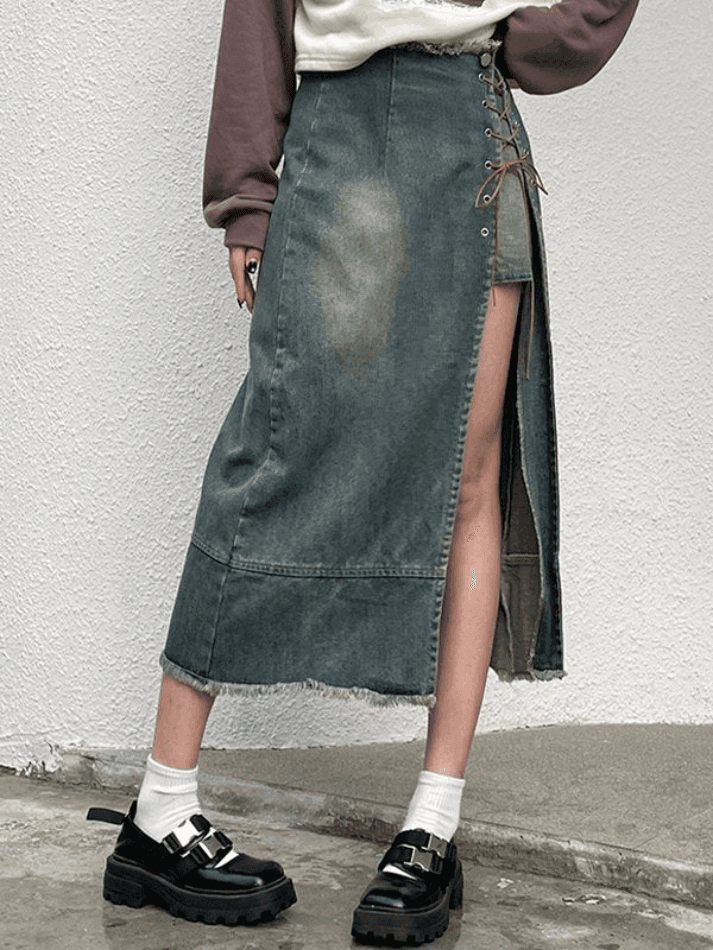 Patchwork Lace Up Split Cargo Denim Skirt