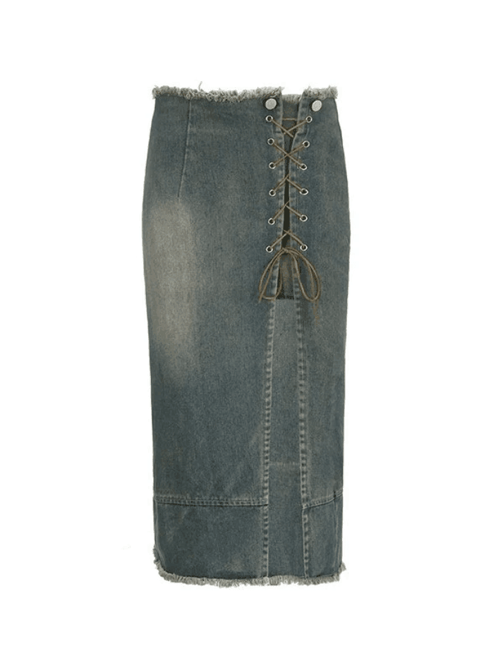 Patchwork Lace Up Split Cargo Denim Skirt