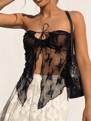 Patchwork Slit Sheer Mesh Bandeau Top