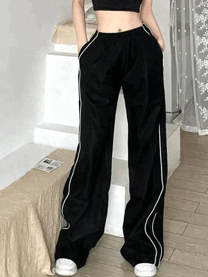 Piping Detail Black Baggy Sweatpants