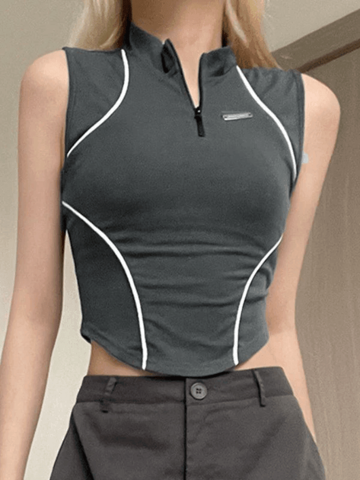 Piping Detail Half Zip Cropped Tank Top