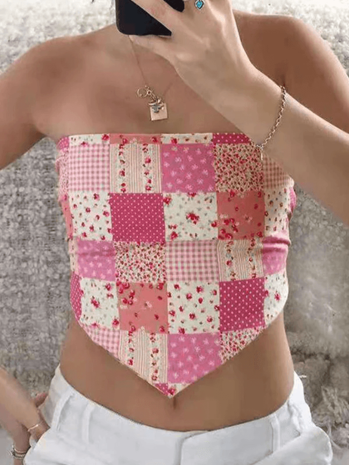 Plaid Floral Pink Bandeau Top