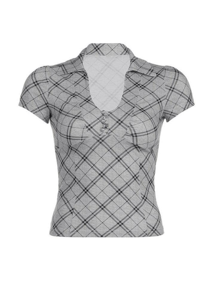 Plaid V Neck Slim Short Sleeve Tee