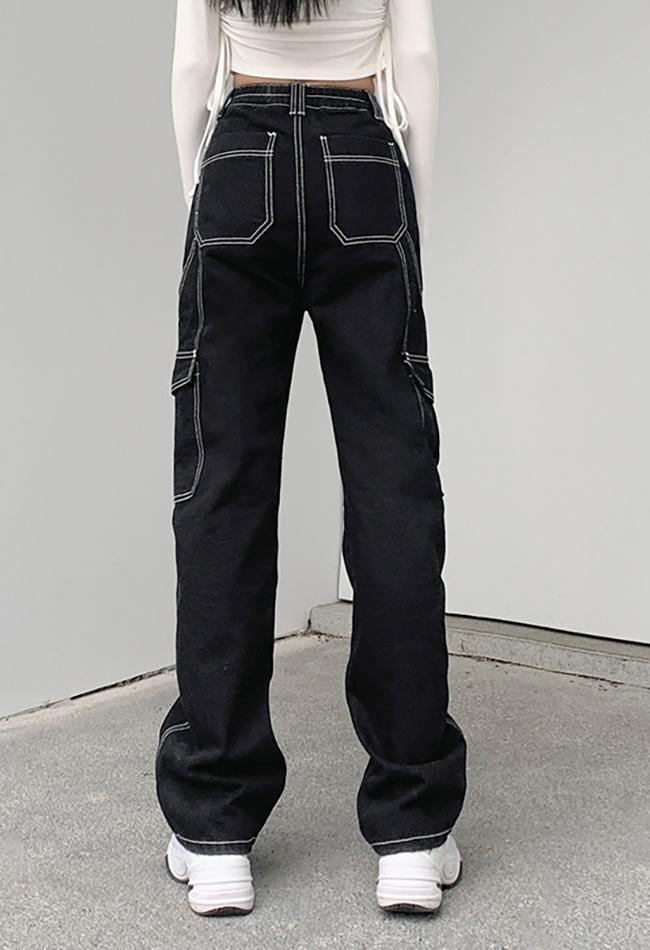 Pocket Stitched High Waist Cargo Jeans