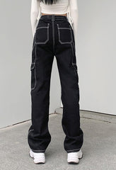 Pocket Stitched High Waist Cargo Jeans