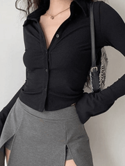 Polo Neck Long Sleeve Rib Blouse